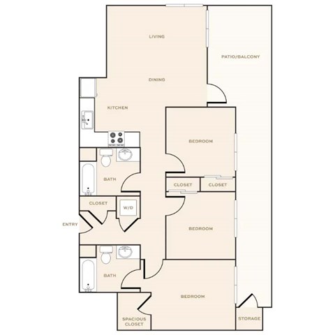Floor plan for 3 beds, 2 baths, 1163 sqft
